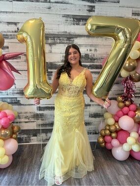 Ina Yellow Lace-Trim Evening Dress